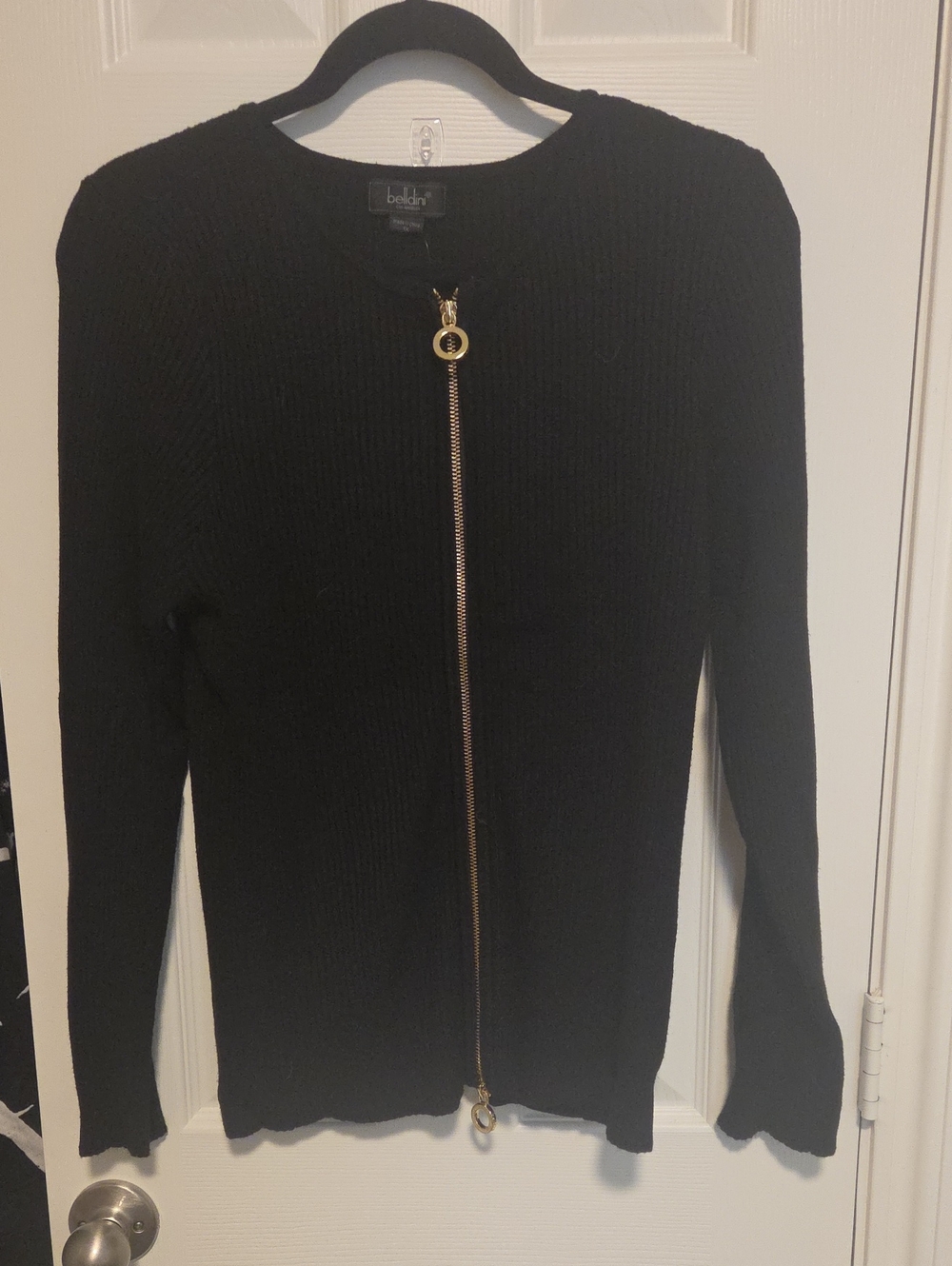 Belldini Black Zip-Front Ribbed Cardigan with Gold Zipper